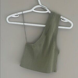 Zara Green Asymmetrical Ribbed Crop Tank Top